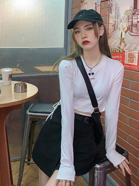 Long Sleeve T-shirts Women Design Sexy Crop Ins Prevalent Bandage Tops Harajuku Ulzzang Street Spring Female Ropa Hot Skinny New