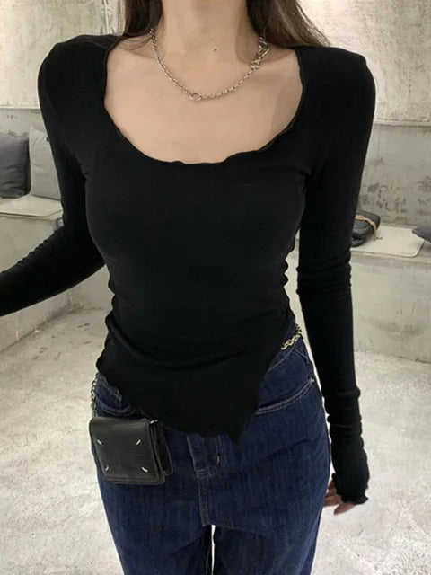 Camisetas de manga larga para mujer, con dobladillo irregular y línea de hongo, de punto, ajustadas, de otoño, elegantes, sexys, lisas, Ulzzang, nuevas