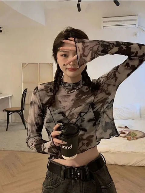 Long Sleeve T-shirts Women Tie-dye Printed Summer Sun-proof Cropped Tops Fashion High Street Gauze Korean Style Chic Teens Retro