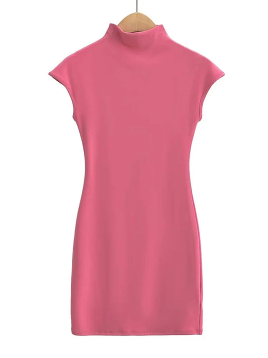 Mini vestidos para mujer 2025 Vestido de punto de verano Ropa vintage sexy Vestidos negros Manga corta Cuello alto Vestido rosa Bodycon