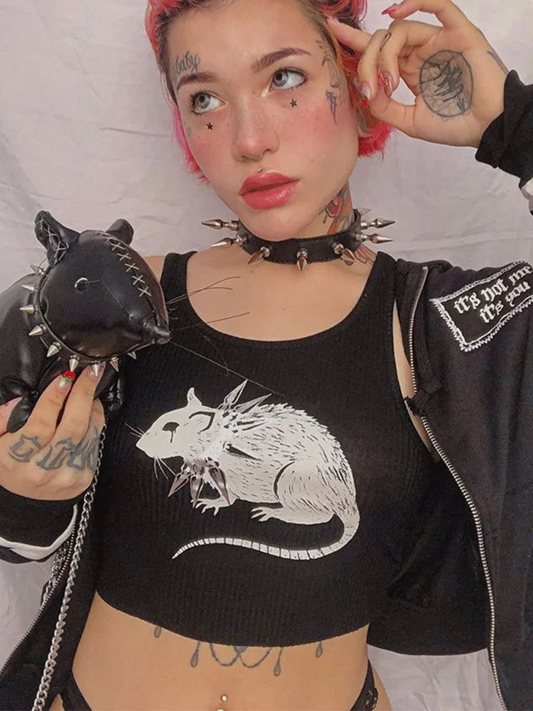Camiseta negra con estampado de ratón, estilo gótico, sexy, ajustada, corta, estilo urbano, estilo Harajuku, de punto, con cuello redondo, básica