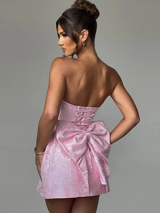 Backless Bow Sexy Mini Dress For Women Fashion Off-shoulder Strapless Sleeveless Bodycon Club Party Dress Elegant