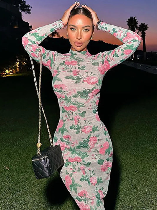 Bodycon Long Sleeve Half High Collar Print Zipper Elegant Maxi Dress Women Slim High Waist Sexy Dress Ladies Outfits