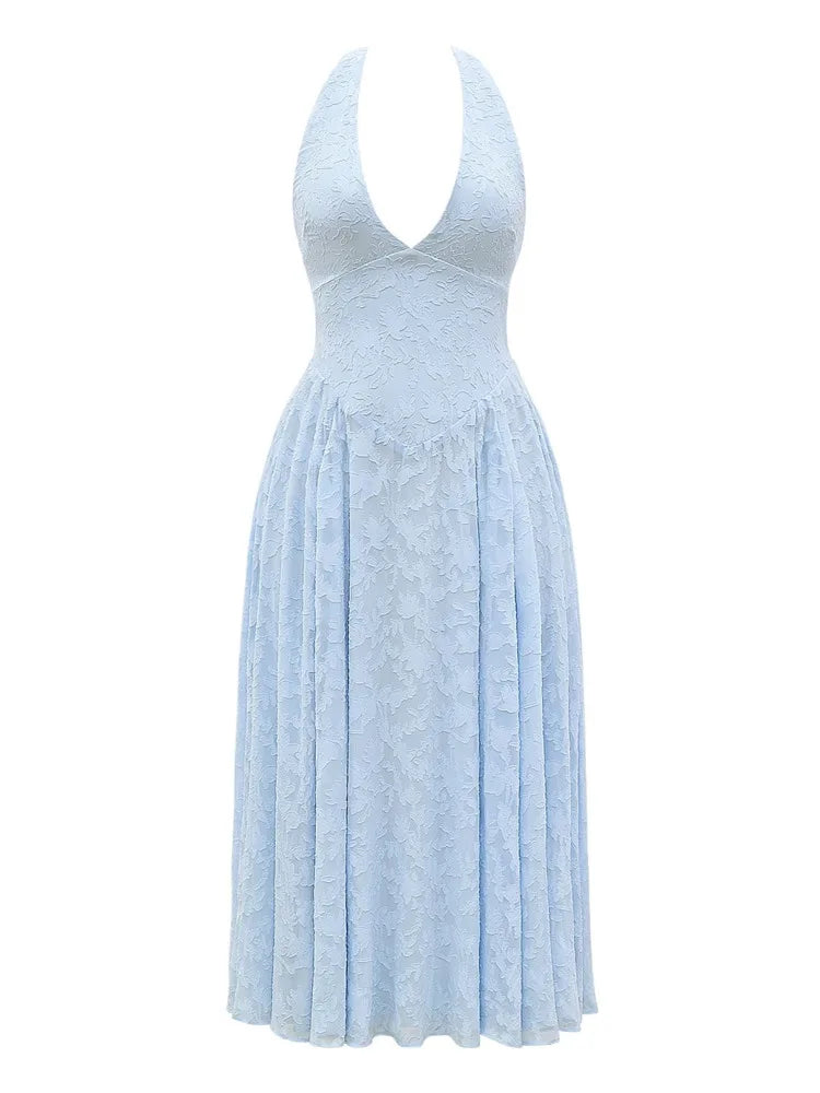 Deep V Neck Halter Sexy Madi Dress Women Fashion Sleeveless Backless A-line Loose Pleated Evening Long Dress Elegant