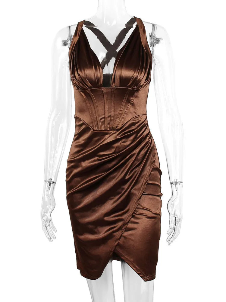 Vestido de satén elástico con escote en V profundo fruncido para mujer, vestido de verano sin mangas con espalda descubierta, vestido ajustado para fiesta y club.