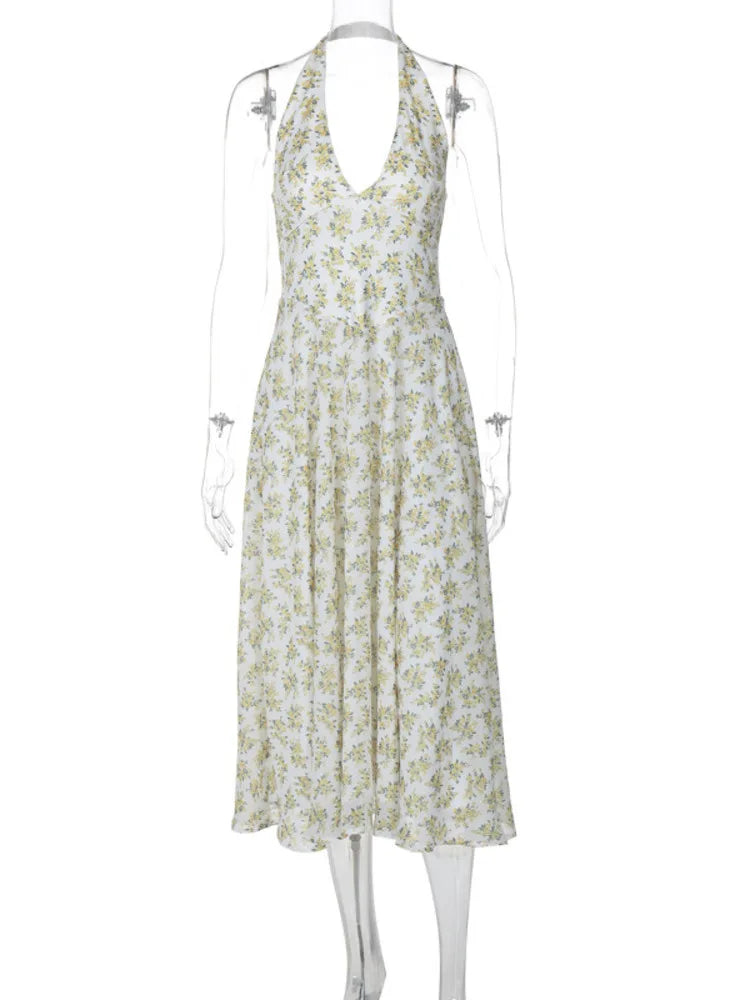 Elegante vestido midi con cuello halter y espalda descubierta para mujer, a la moda, sin mangas, corte A, plisado, para fiesta en club, sexy, largo, nuevo