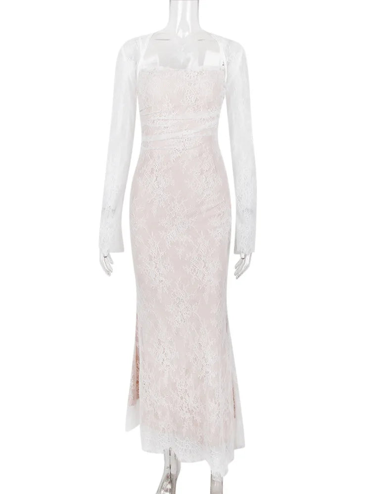 Elegante vestido largo con estampado de encaje para mujer, vestido largo sexy ajustado con tirantes finos y manga larga para fiesta y club