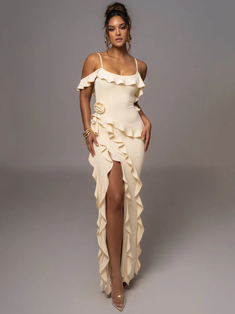 Elegante vestido largo sexy con volantes para mujer, con tirantes finos, flores, sin mangas, espalda descubierta, abertura alta, para fiesta de noche y club.