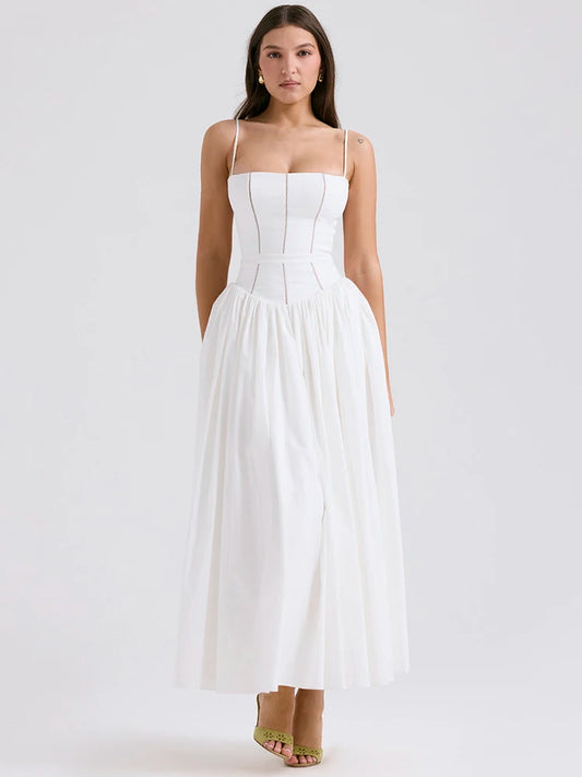 Elegant White Sundress Spaghetti Strap Backless Midi Dress For Women Fashion Sleeveless A-line Loose Long Dress New