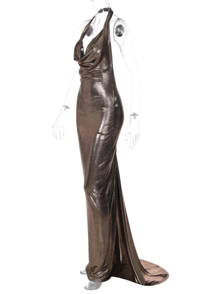 Vestido largo con cuello en V profundo y espalda descubierta para mujer, sin mangas, con cola de pez, elegante y sexy, para fiesta