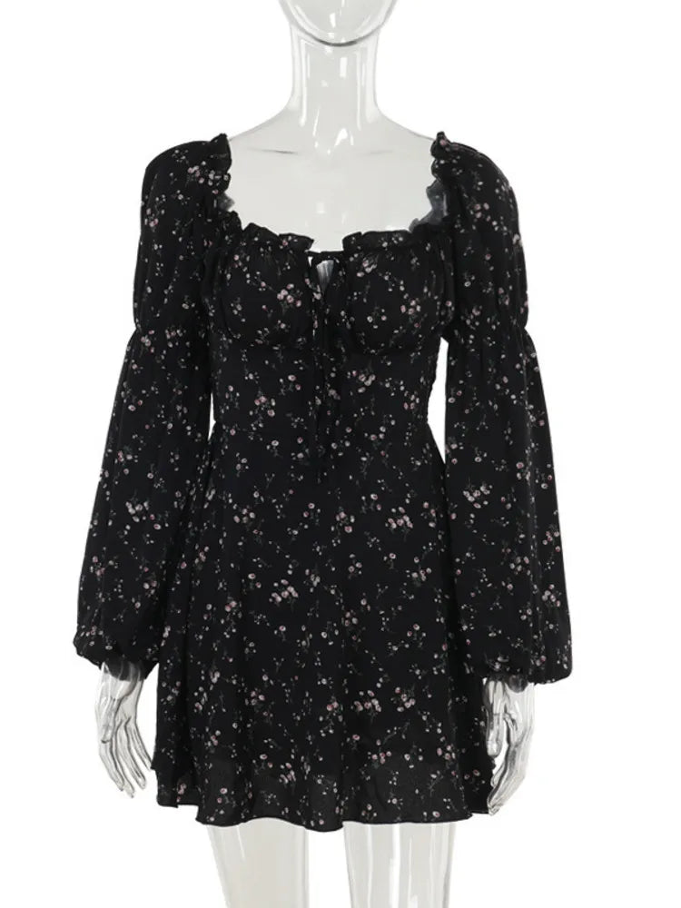Vestido floral de manga larga abullonada para mujer, vestido de otoño invierno con cuello cuadrado y espalda descubierta, vestidos elegantes de moda femenina, nuevo
