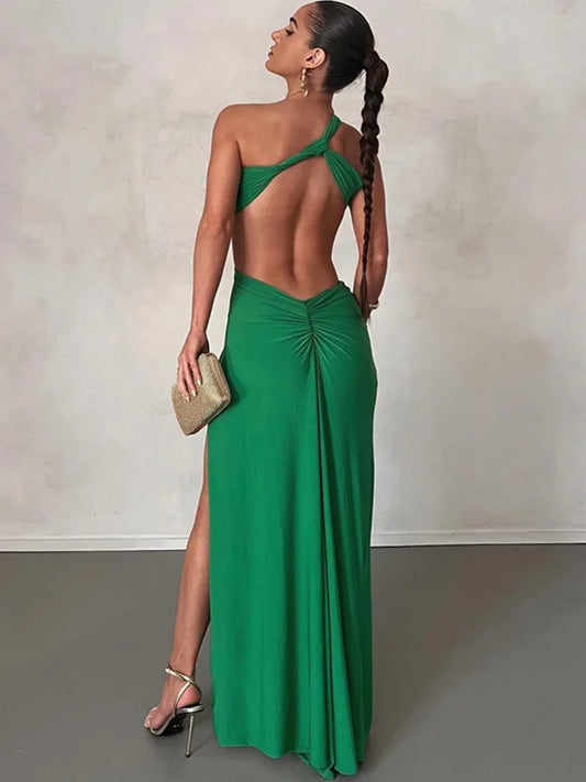 One Shoulder Strap Backless Maxi Dress For Women Gown Strapless Sleeveless Backless Thigh High Split Sexy Evening Dress