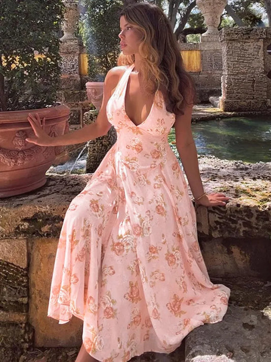 Sexy Print Deep V-neck Sleeveless Backless Neck-mounted Dress Women Slim High Waist Birthday Party Dress Femme Outfits