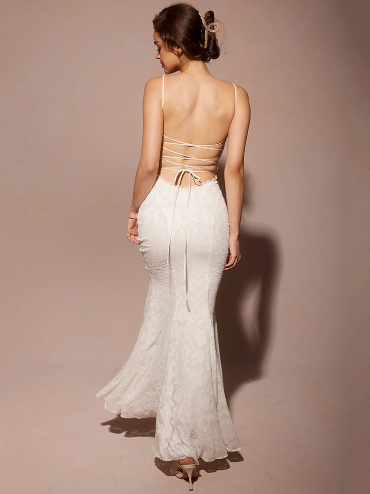 Vestido largo blanco sin espalda con cordones y tirantes finos, sexy, para mujer, de verano, ajustado, para fiesta