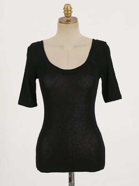Camiseta de algodón ajustada y sexy para mujer, ropa informal con cuello redondo, estilo coreano, elástica, color negro, para verano, 2025
