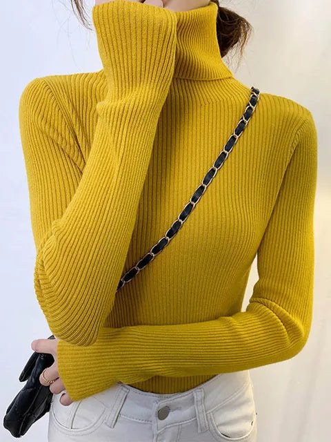 Suéter de cuello alto para mujer, jersey de manga larga ajustado, elástico, coreano, sencillo, básico, económico, de color liso, novedad de 2025