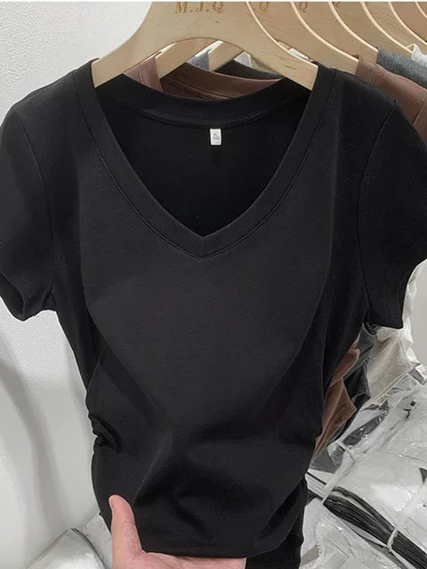 New Summer Top Sexy T Shirt Women Elasticity T-Shirt Korean Style Woman Clothes Slim Tshirt Female Skinny Short Sleeve Tops Tee