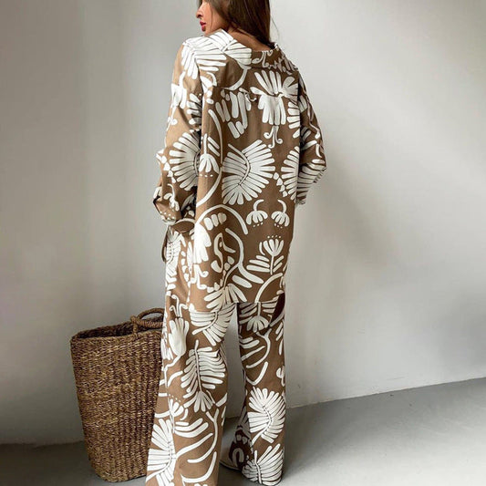 Conjuntos de camisa de manga larga y pantalones de cintura alta con estampado de principios de otoño para mujer