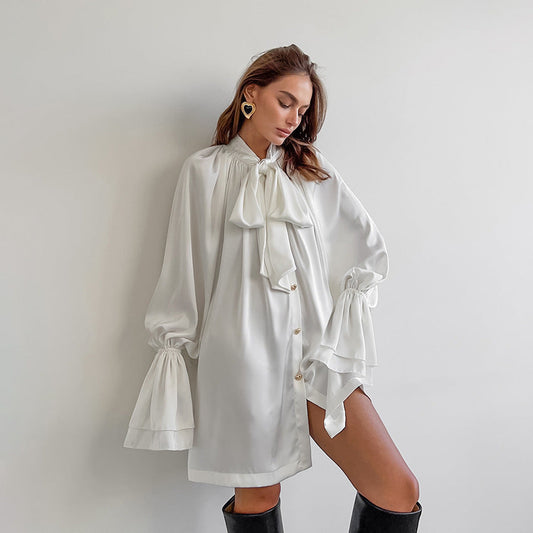 Vestido blanco elegante informal de otoño e invierno para mujer, de satén mate grueso, holgado, con cuello acampanado y mangas acampanadas
