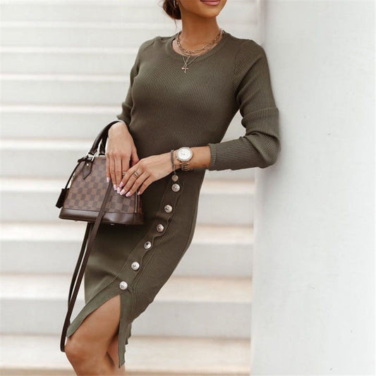 Vestido de punto con botones divididos para mujer, ropa de otoño e invierno