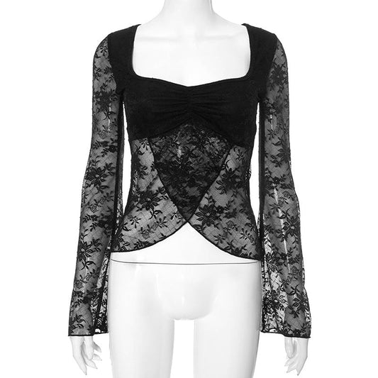Ropa de primavera para mujer, elegante blusa ajustada de encaje, manga larga