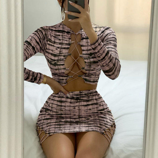 Conjunto de dos piezas formado por vestido corto ajustado y top con cordones y estampado sexy para mujer, otoño