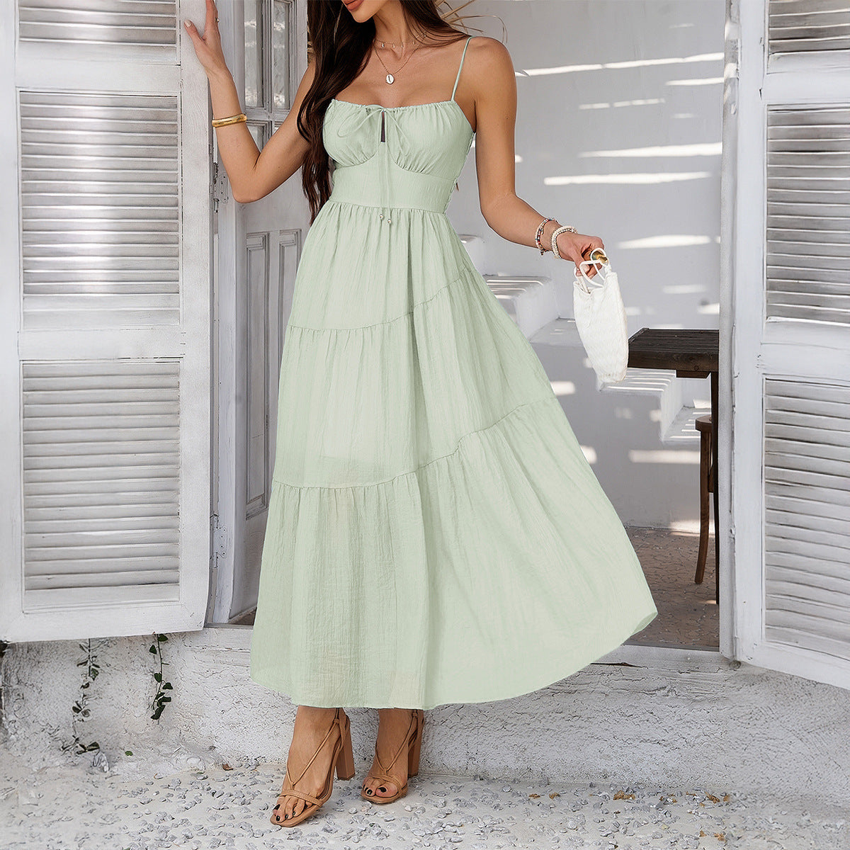 Vestido de cena de cintura alta con tirantes de color liso para mujer, ropa de vacaciones de primavera y verano