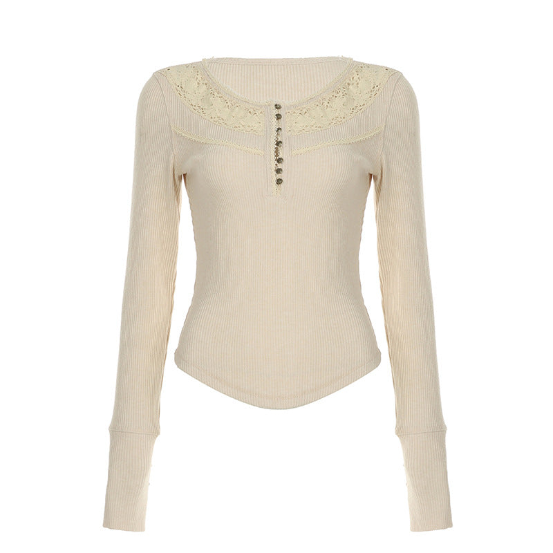 Camiseta de manga larga ajustada con cuello redondo y pespunte de encaje para mujer, ropa de otoño e invierno