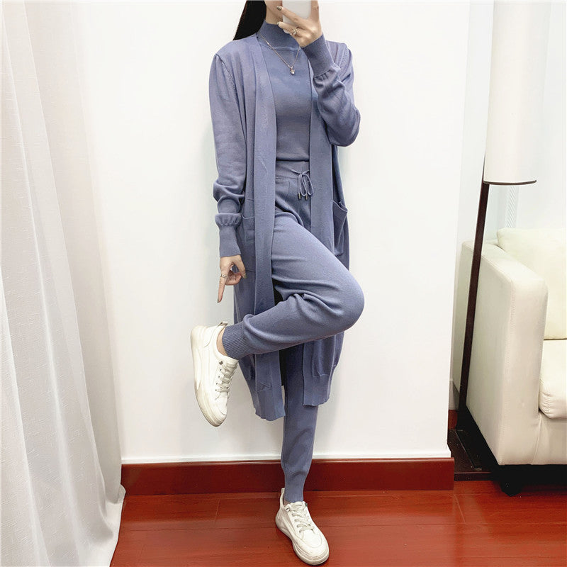 Conjuntos elegantes de moda de otoño para mujer, ropa de estilo occidental, aspecto juvenil, informal, de punto, cárdigan, chaleco, pantalones, conjunto de tres piezas