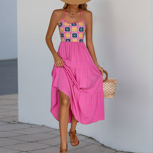 Sweet Spicy Sleeveless Halterneck Dress Women Clothing Backless Vacation Rose Printing Dress