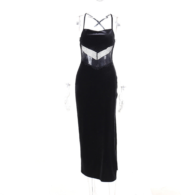 Vestido de otoño-verano con encaje sexy, sin espalda, con abertura y retazos para mujer