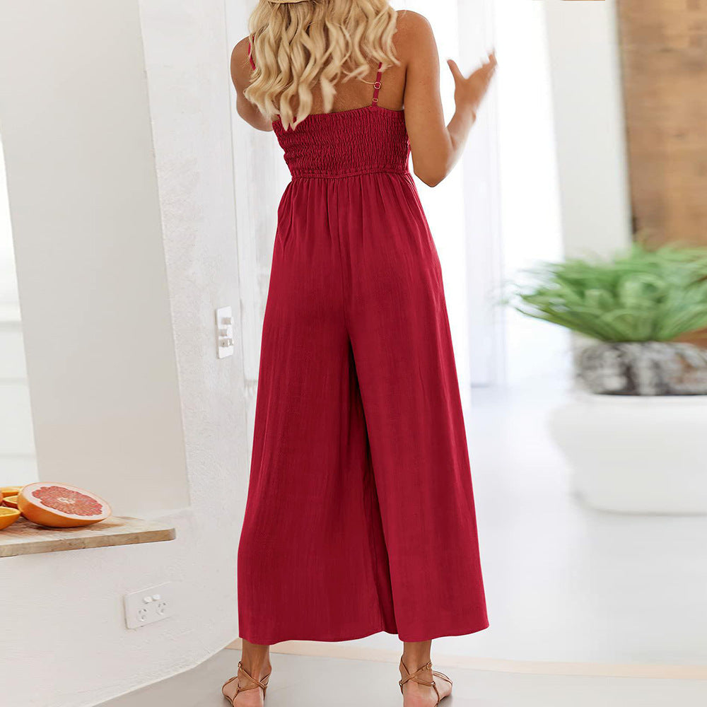 Pantalones de verano de color liso para mujer, con tirantes finos y cintura ajustada, pantalones largos de pierna ancha, mono