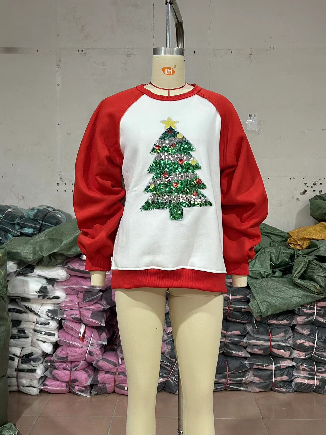 Sudadera con capucha y lentejuelas cepilladas de árbol de Navidad para mujer, jersey de manga larga, top holgado para otoño e invierno.