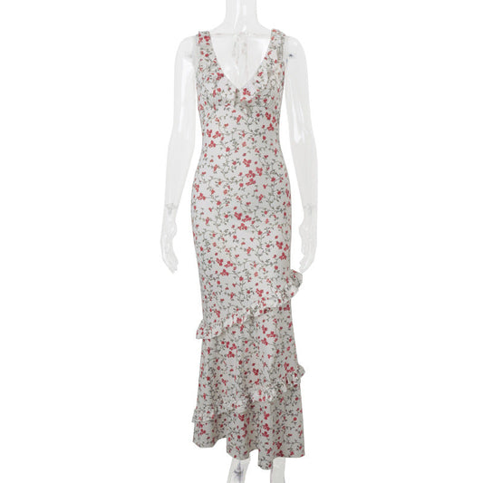 Vestido de primavera para mujer, sexy, con escote en V, estilo pastoral, floral, con volantes y corte entallado.