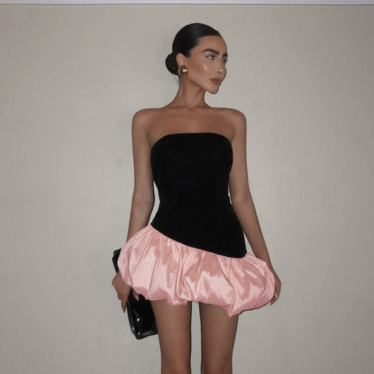 Winter Women Clothing Elegant Sleeveless Tube Top Advanced Suede Stitching Puffy Short Dress