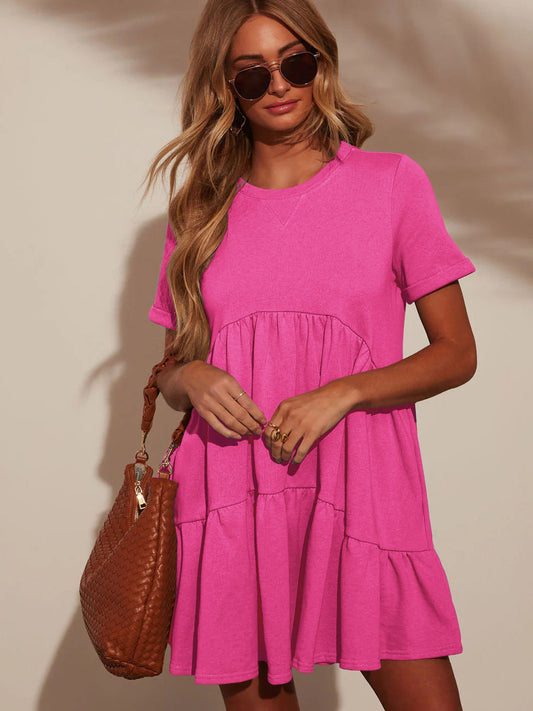 Summer Casual Pocket Short round Neck Short Sleeve Pleated Loose Women Wear Dress