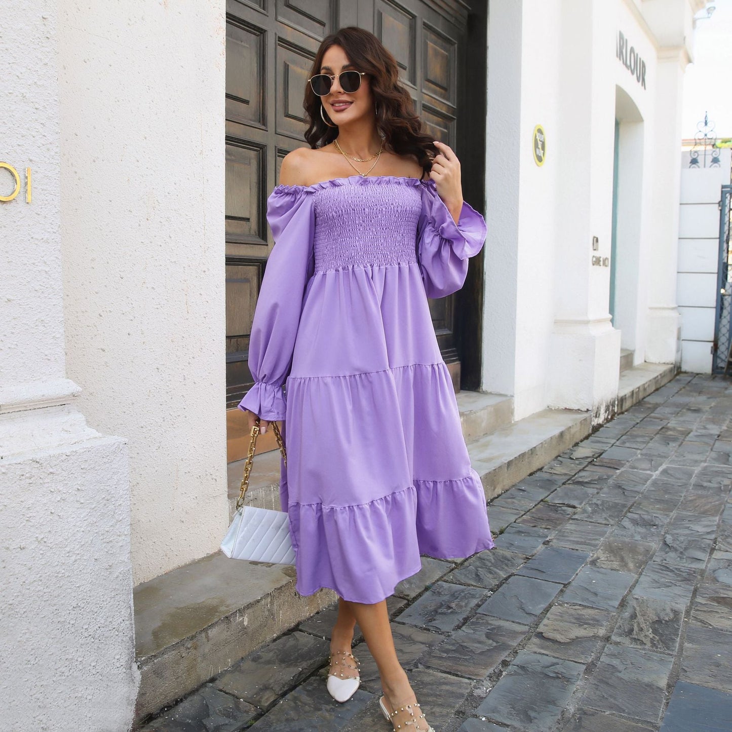 Vestido fruncido con cuello cuadrado y volantes, mangas acampanadas, capas, vestido amplio con vuelo para mujer, ropa para mujer
