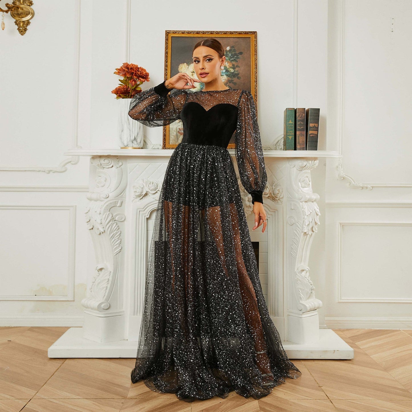 Vestido de noche de gasa con lentejuelas y cuello redondo y manga larga para dama de honor