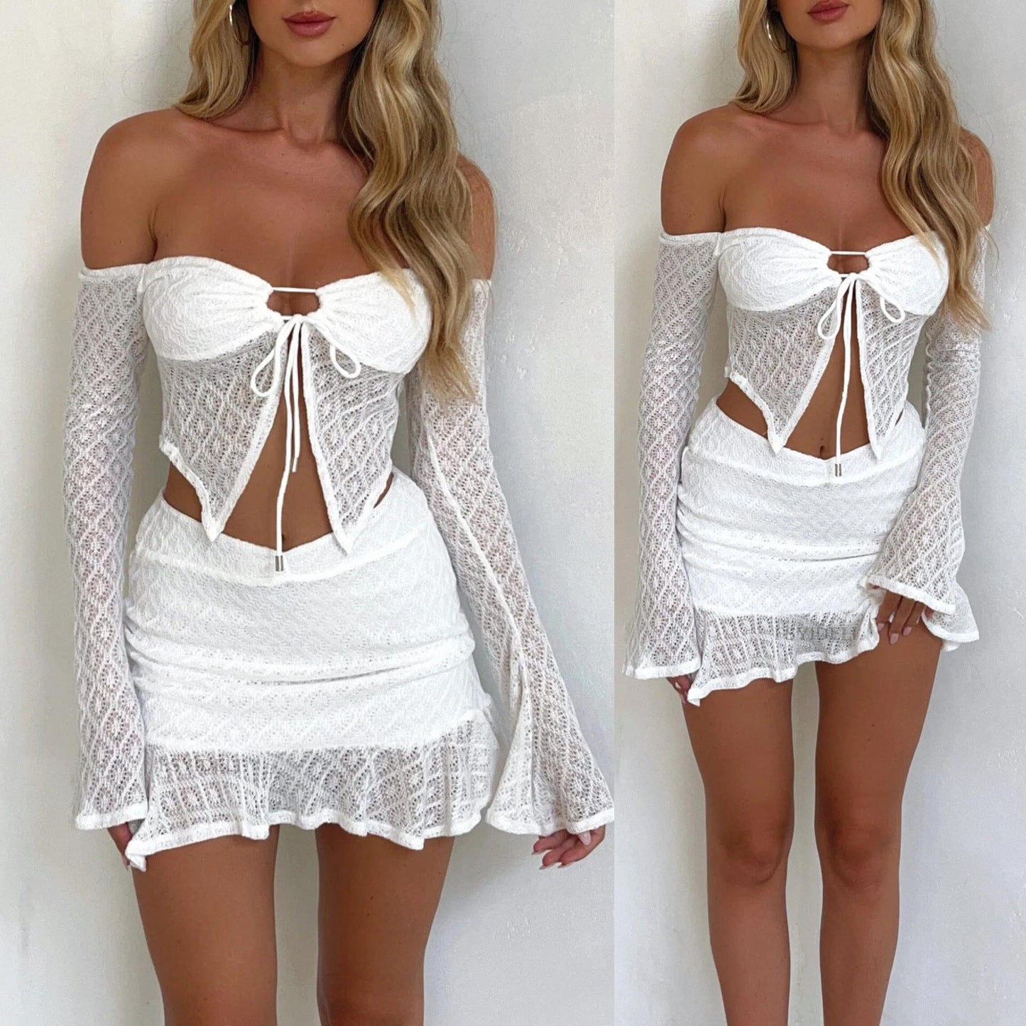 Conjunto de falda asimétrica irregular con lazo y hombros descubiertos para mujer, ropa de verano sexy