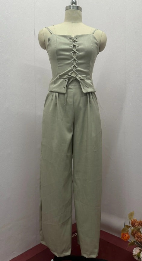 Traje de verano sexy con corte en la parte superior y pantalones anchos informales con lazo