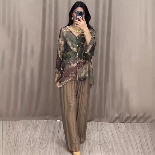 Camisa estampada pintada a mano de primavera, pantalones de pierna ancha, ropa de dos piezas para mujer