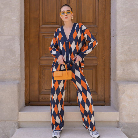 Cárdigan de punto con rombos abstractos geométricos para mujer, suéter informal holgado de una sola botonadura, pantalones de dos piezas para otoño e invierno