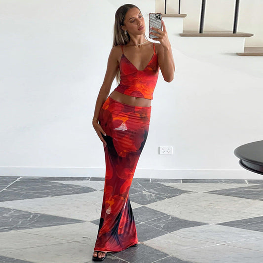 Conjunto de falda ajustada con cuello en V y estampado sexy de verano para mujer