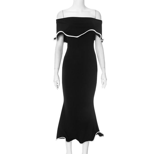 Women Clothing Summer Contrast Color Ruffled off the Shoulder Tube Top Backless Sheath Sexy Dress