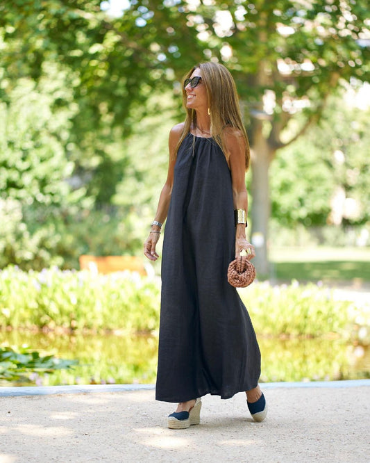 Vestido informal de lino y algodón con cuello halter para mujer, para primavera y verano