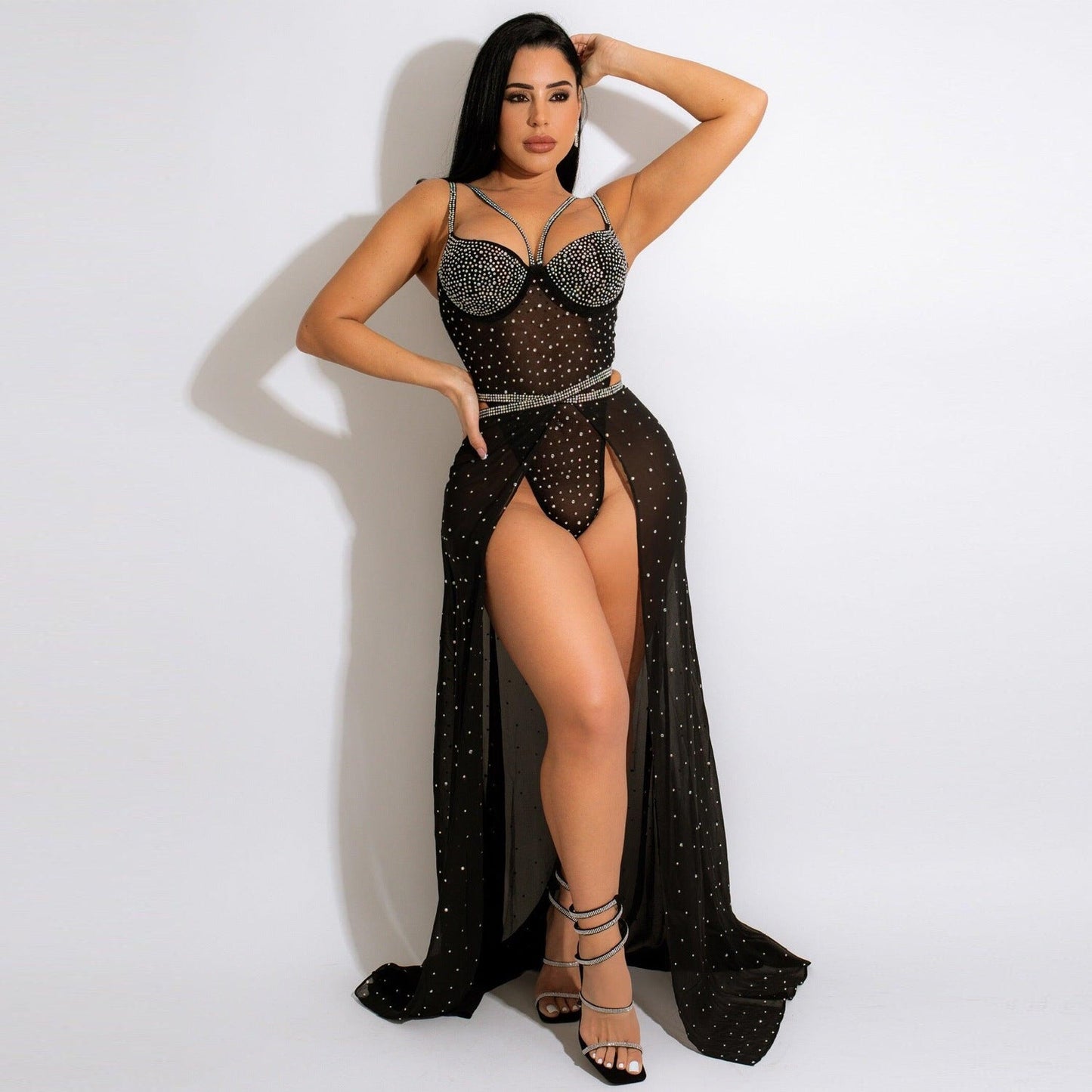 Traje de baño de dos piezas con arnés de perforación y pecho envuelto. Uniformes de discoteca.