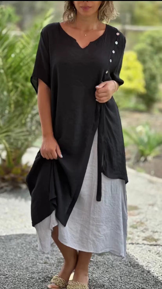 Vestido asimétrico de dos piezas con escote en V y manga corta para mujer, primavera y verano