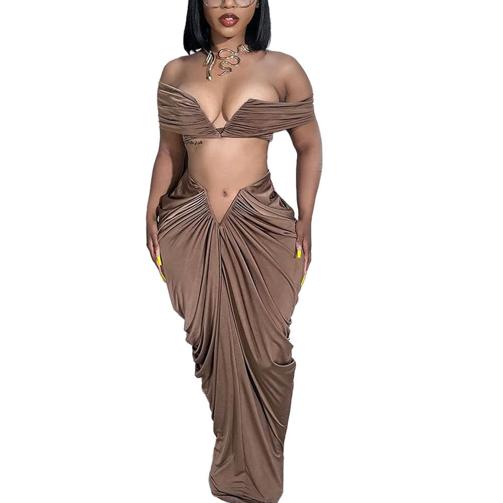 Conjunto de dos piezas de top de tubo sin mangas sexy, falda plisada ajustada y elástica