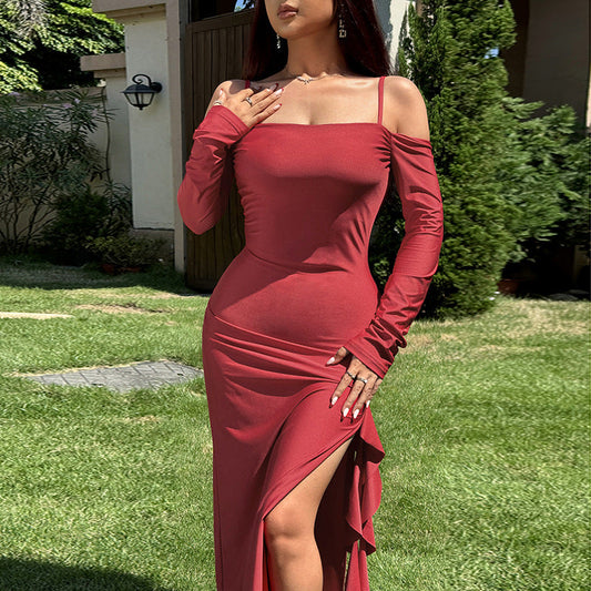 Elegant off the Shoulder Gown Split Dress Women Adult Lady like Woman Sexy Slim Hip Dress