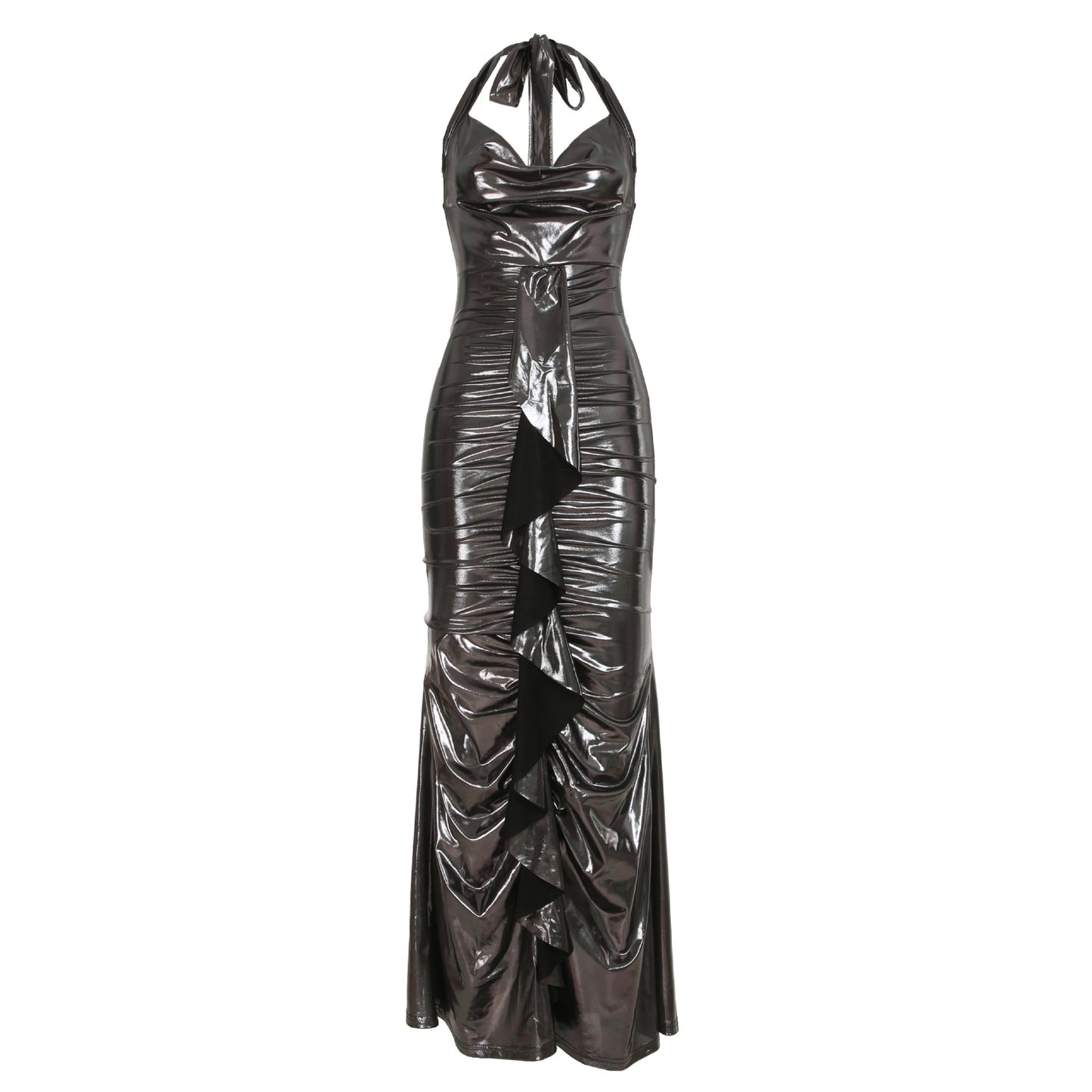 Vestido sexy elegante con revestimiento brillante, espalda descubierta, con cordones, cuello alto, corte entallado, vestido tubo